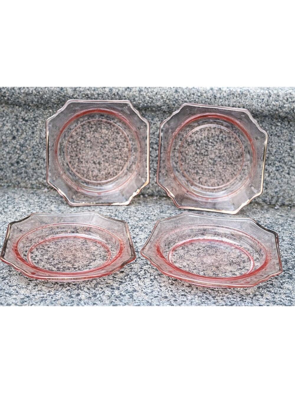 Set of 4 ANCHOR HOCKING PRINCESS PINK 5 5/8" BREAD AND BUTTER PLATES SILVER TRIM